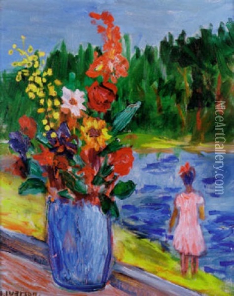 Sommarutsikt Med Flicka Vid Vatten Och Angsblommer I Vas Oil Painting - Ivan Ivarson