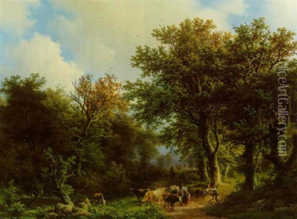 A Wooded Landscape With Cattle And Figures On A Path Oil Painting - Barend Cornelis Koekkoek