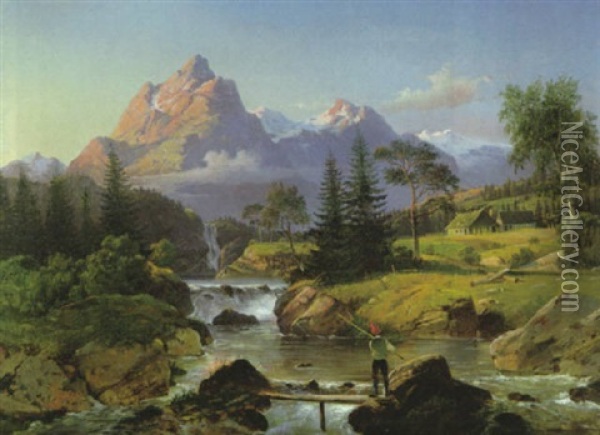 Norwegische Landschaft Mit Angler Bei Romsdalshorn Oil Painting - Johannes Bartholomaeus Duntze