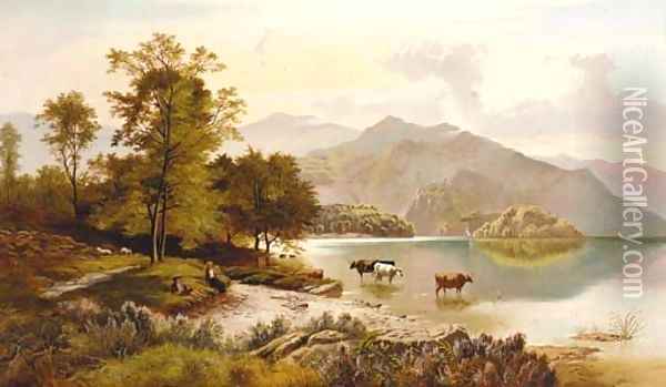 Figures resting by a lake with cattle watering in a mountainous landscape Oil Painting - Charles Leslie