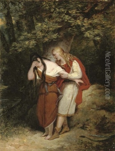 Two Figures In Woodland Oil Painting - Ary Scheffer