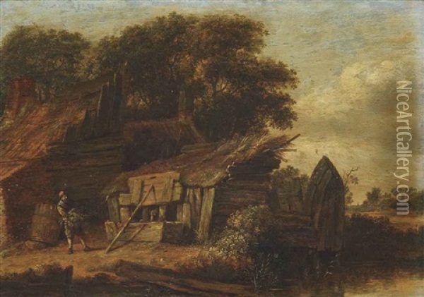 A Wooded River Landscape With A Figure Outside A Cottage Oil Painting - Cornelis Gerritsz Decker