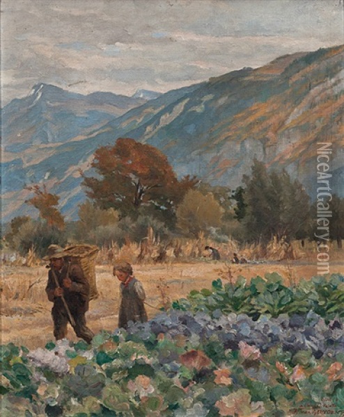 Feldlandschaft Mit Bauernfamilie Bei Der Arbeit Oil Painting - Henri Van Muyden
