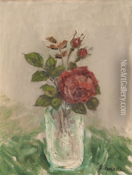 Rose Rouge, Vase Verre Oil Painting - Pierre Laprade