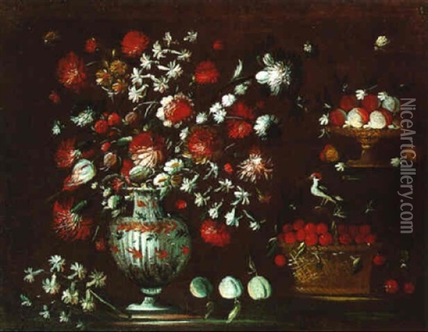 Nature Morte Au Bouquet De Fleurs, Cerises Et Oiseau Sur Un Entablement Oil Painting - Blas de Ledesma Prado