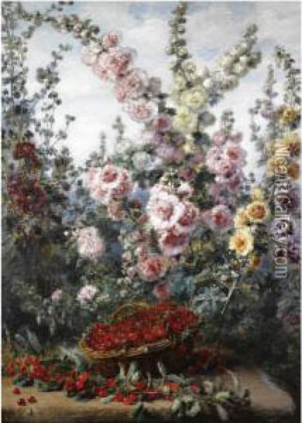 Roses, Hollyhocks And Cherries Oil Painting - Alexis Kreyder