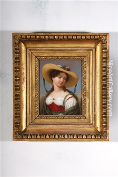 Portrait Of A Young Woman In Peasant Costume Wearing A White Blouse, Red Bonnet And A Straw Hat Decorated With Sealed Flowers Oil Painting - Bernhard von Guerard