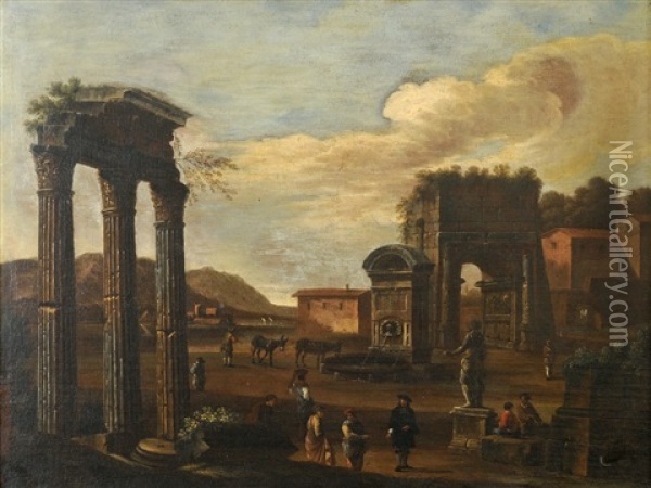 Figures Amidst Classical Ruins (pair) Oil Painting - Giovanni Ghisolfi