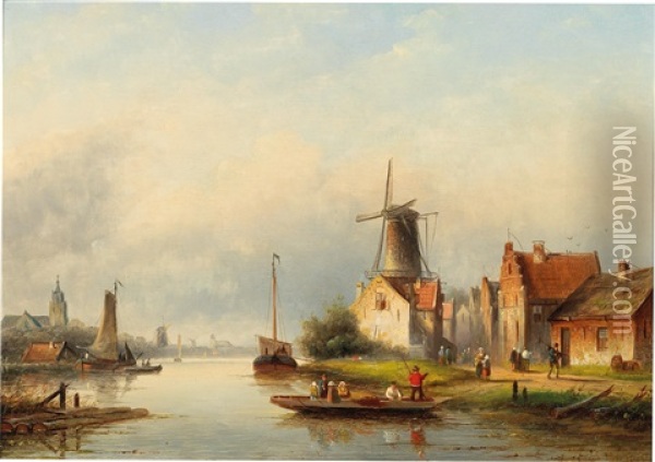 Fishermen On The Canal Oil Painting - Jan Jacob Coenraad Spohler