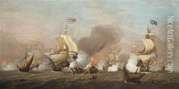 The Battle Of Texel, 11th August 1673: Two Large First Rates, English And Dutch, Engaged In A Fierce Broadside Duel, With H.r.h. Prince Rupert's Flagship Royal Sovereign In Action Astern Of Them Oil Painting - Peter Monamy