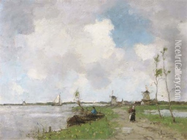 Walking On A Path Along A Lake Oil Painting - Louis Stutterheim