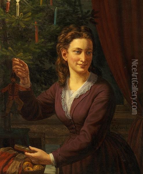 Young Woman Decorating The Christmas Tree Oil Painting - Frederik Ludwig Storch