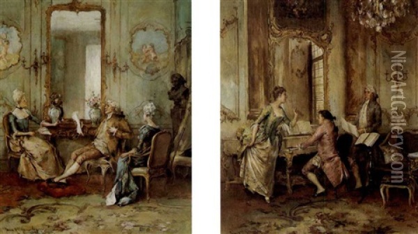 The Recital; And An Interesting Letter                       A Pair (2) Oil Painting - Juan Antonio Gonzalez