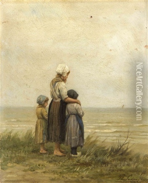 Drei Kinder Stehen Auf Einer Dune Und Blicken Auf Das Meer Hinaus Oil Painting - Philip Lodewijk Jacob Frederik Sadee
