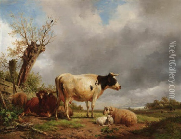 Kuhe Und Schafe In Hollandischer Polderlandschaft Oil Painting - Hendrik van de Sande Bakhuyzen