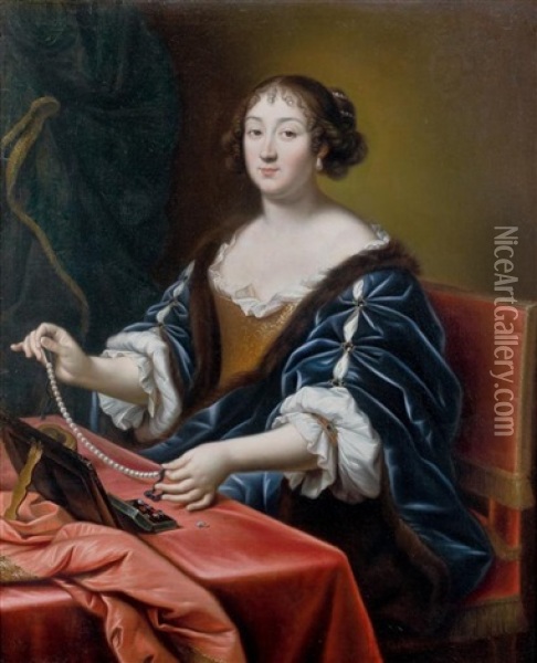 Jeune Femme Se Parant D'un Collier De Perles Oil Painting - Pierre Mignard the Elder