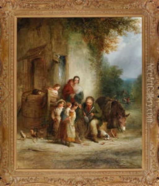 A Scene Outside A Rural Cottage With A Mother And Children Watching An Itinerant Peddler Repair A Watering Can Oil Painting - Henry Perlee Parker