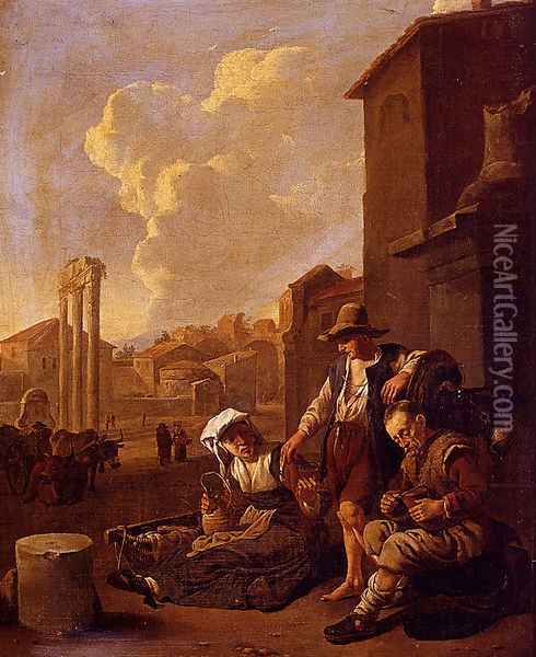 Peasant Family Having Bread And Wine, The Campo Vaccino, Rome, Beyond Oil Painting - Johannes Lingelbach