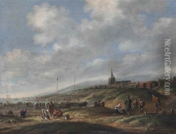 A View Of Katwijk With Numerous Figures On The Beach Oil Painting - Thomas Heeremans