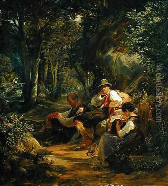 Three Upper Bavarians Resting on an Alpine Path Oil Painting - Hermann Kauffmann