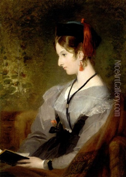 Portrait Of Elizabeth Wells, Later Lady Dyke, Seated In A Grey Dress, Holding A Book Oil Painting - Sir Edwin Henry Landseer