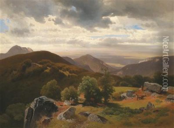 Open Landscape In The Mountains With Hunters Oil Painting - Joseph Holzer