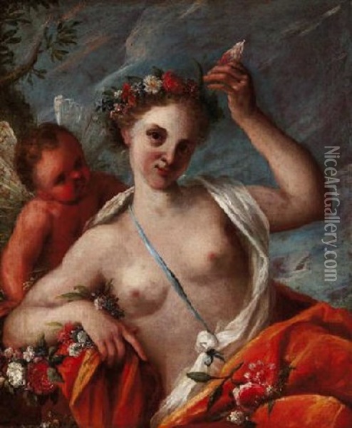Flora Mit Zephyr, Dem Jungen Windgott Mit Schmetterlingsflugeln Oil Painting - Giovanni Antonio Pellegrini