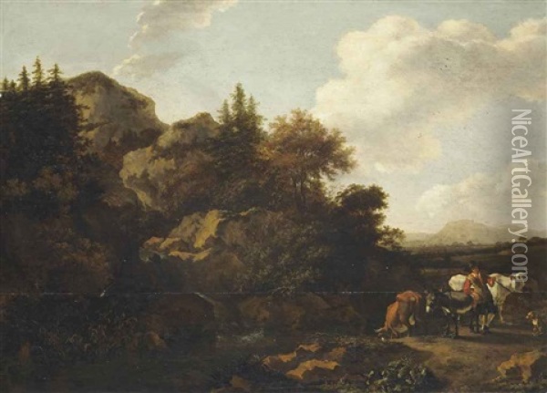 An Extensive Landscape With A Drover And His Herd Oil Painting - Abraham Jansz. Begeyn