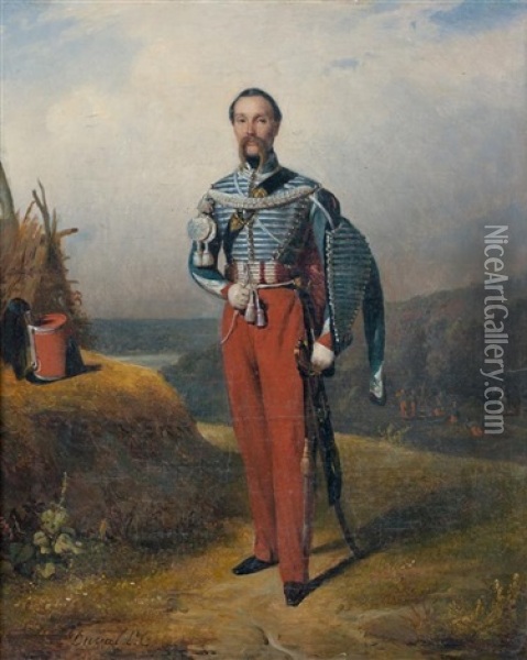 Portrait D'un Officier En Pied Posant Devant Un Campement Militaire Oil Painting - Pierre Duval-Lecamus