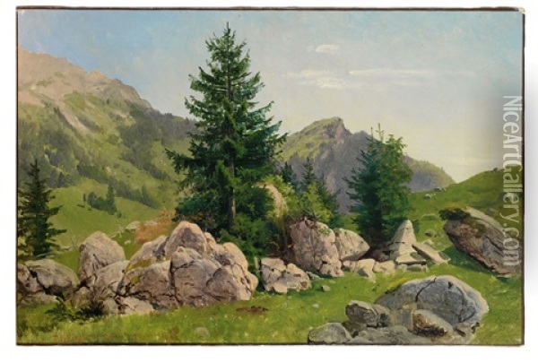 Besonnte Alpenlandschaft Mit Fels Und Baum Oil Painting - Georg Eduard Otto Saal