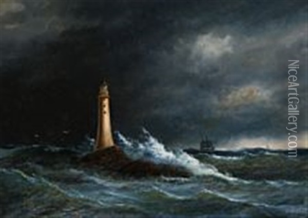 A Storm At Eddystone Lighthouse Oil Painting - Daniel Hermann Anton Melbye