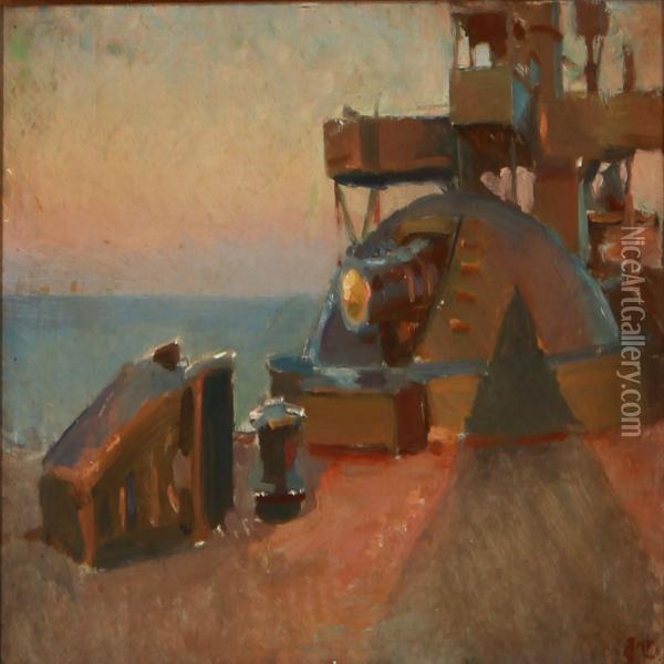 View From A Warship With The Sea In The Background Oil Painting - Erik Henningsen