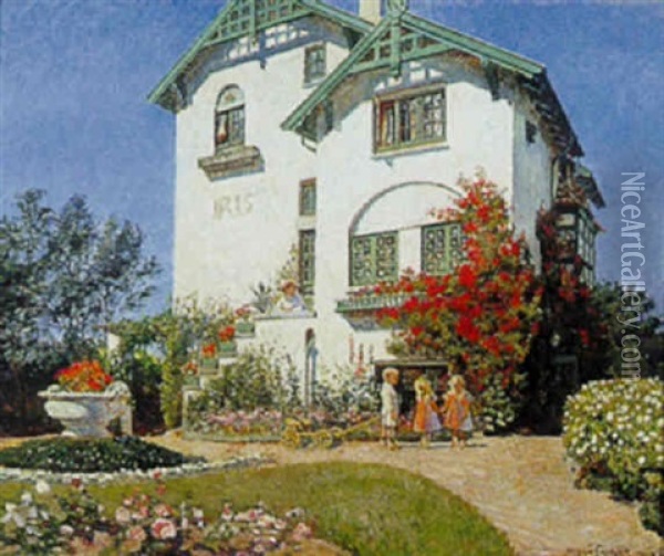 Min Lille Grethe Pa Sin Konfirmationstag, Haveexterior Oil Painting - Olaf Viggo Peter Langer