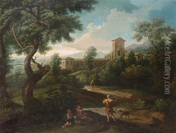 An Arcadian Landscape With Travellers On A Path, A Walled Village Beyond Oil Painting - Gaspard Dughet