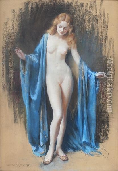 Standing Female Nude With Blue Robe 'albert H. Collings' Oil Painting - Albert Henry Collings