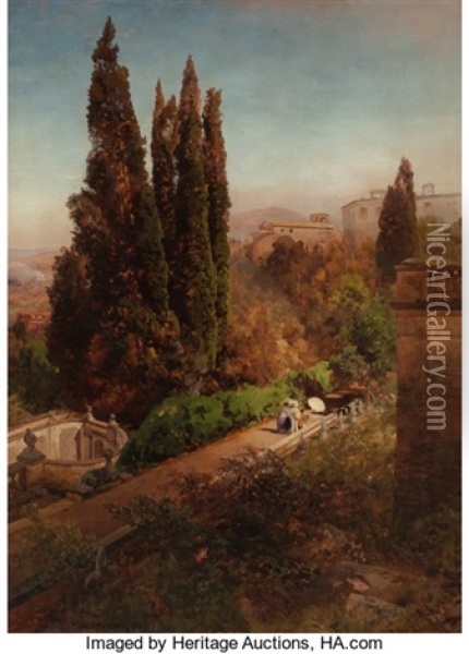 View From High In The Gardens Of Villa Torlonia, Frascati, Rome Oil Painting - Oswald Achenbach
