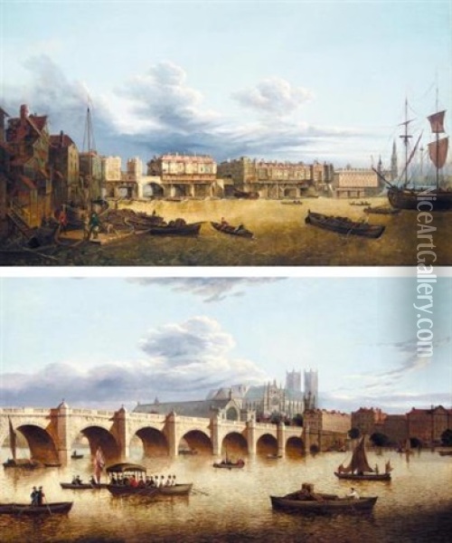 A View Of London Bridge (+ A View Of Westminster Bridge With The Lord Mayor's Barge In The Foreground And Westminster Abbey Beyond; Pair) Oil Painting - John Paul