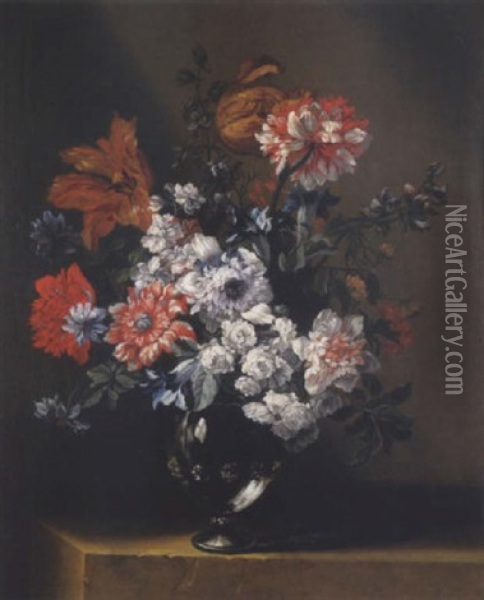 Fleurs Dans Un Vase Translucide Sur Un Entablement Oil Painting - Jean-Baptiste Monnoyer