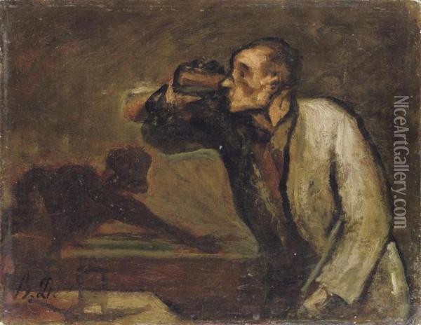 Joueurs De Billiard (le Buveur) Oil Painting - Honore Daumier