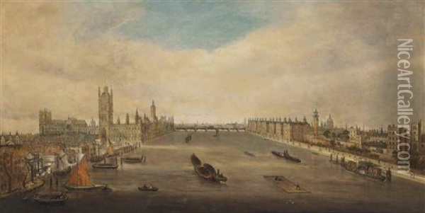 A View Of The Thames Towards Westminster Bridge With The Houses Of Parliament And Lambeth Palace, Shipping In The Foreground Oil Painting - John O. Anderson