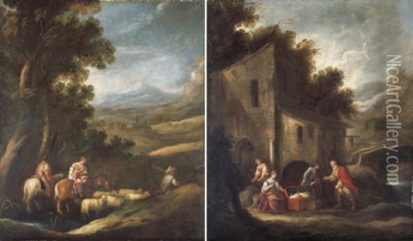 Jacob And His Household Journeying To Meet Esau (+ Laban Searching For The Images Of Jacob; Pair) Oil Painting - Francisco Antolinez