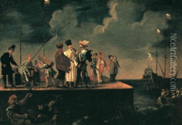 Travellers, Merchants And Porters On A Quaysidside Oil Painting - Johannes Lingelbach