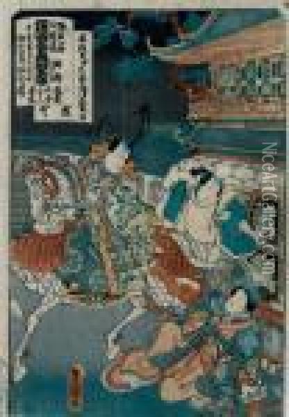 Samurai Zu Pferd Im Gesprach Mit Geisha Oil Painting - Kunisada