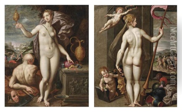 Juno Holding A Golden Vessel And A Moneybag (+ Minerva Holding A Lance While Being Crowned With Laurels By A Putto; Pair) Oil Painting - Jacob De Backer