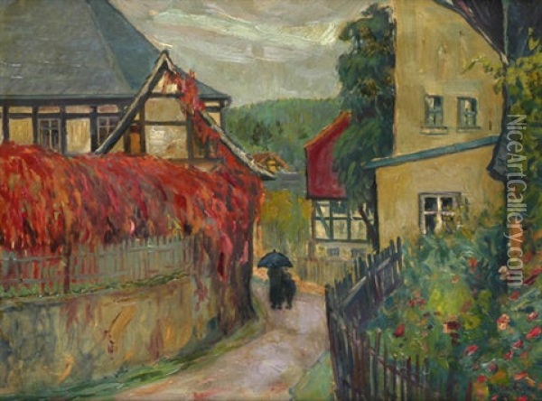 Dorfstrase Bei Zwickau Bei Regen Im Herbst Oil Painting - Robert Hahn