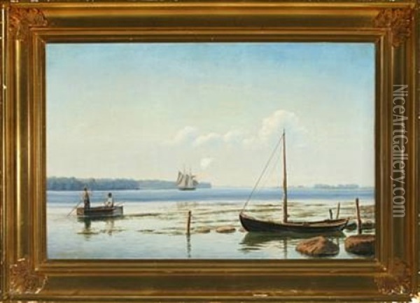 View Over Svendborg Sund With Fishermen In A Rowing Boat Oil Painting - Mathias Jakob Frederik Luetken