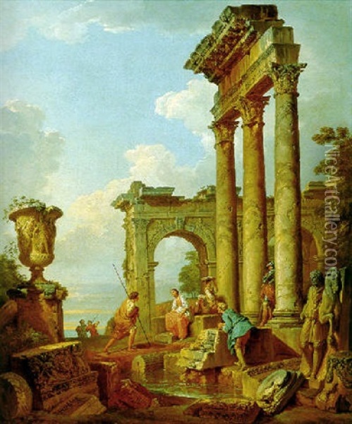 Capriccio Landscape With Figures Conversing By Roman Ruins Oil Painting - Giovanni Paolo Panini