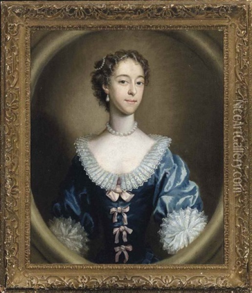 Portrait Of A Lady, In A Blue Dress With Lace Cuffs And Collar, Pink Ribbons And A Pearl Necklace And Earrings, In A Sculpted Oval Oil Painting - John Astley