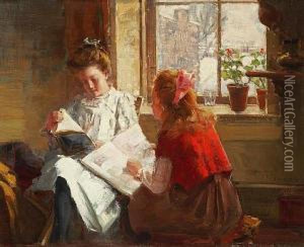 Reading, An Interior Scene With Two Girls Reading By A Window Oil Painting - Peleg Franklin Brownell