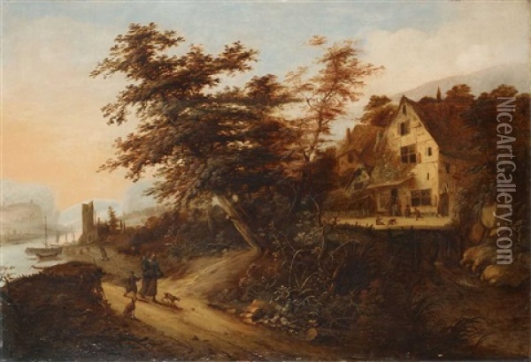 Flusslandschaft Mit Bauernhaus Oil Painting - Claes Jansz van der Willigen